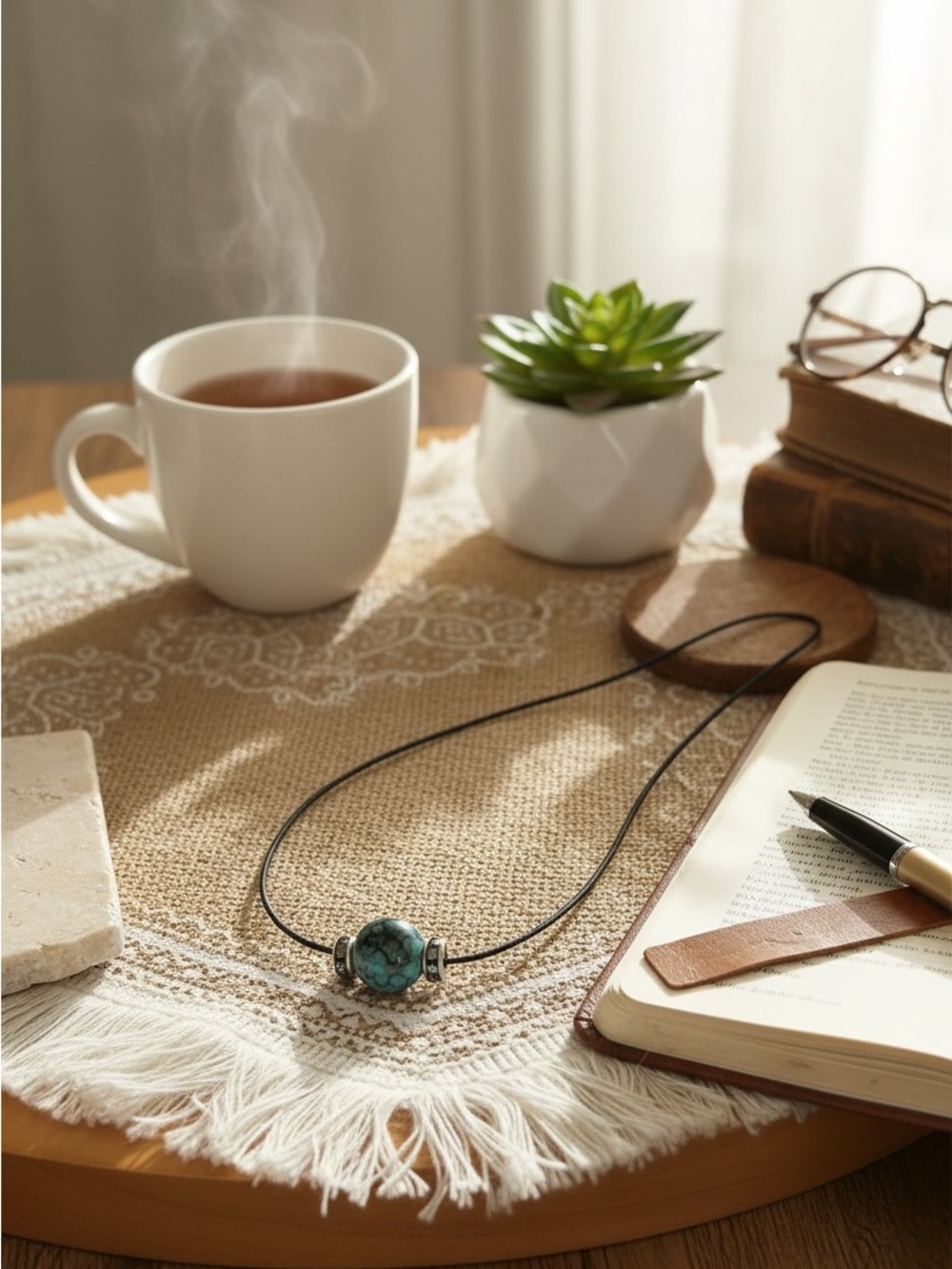 Turquoise Stone Pendant Necklace - Blue Leather Cord